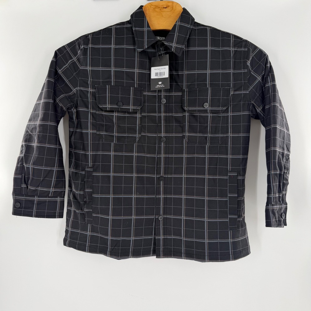 Under 5'10 Mens Padded Shacket Charcoal Plaid Shirt Jacket Size M